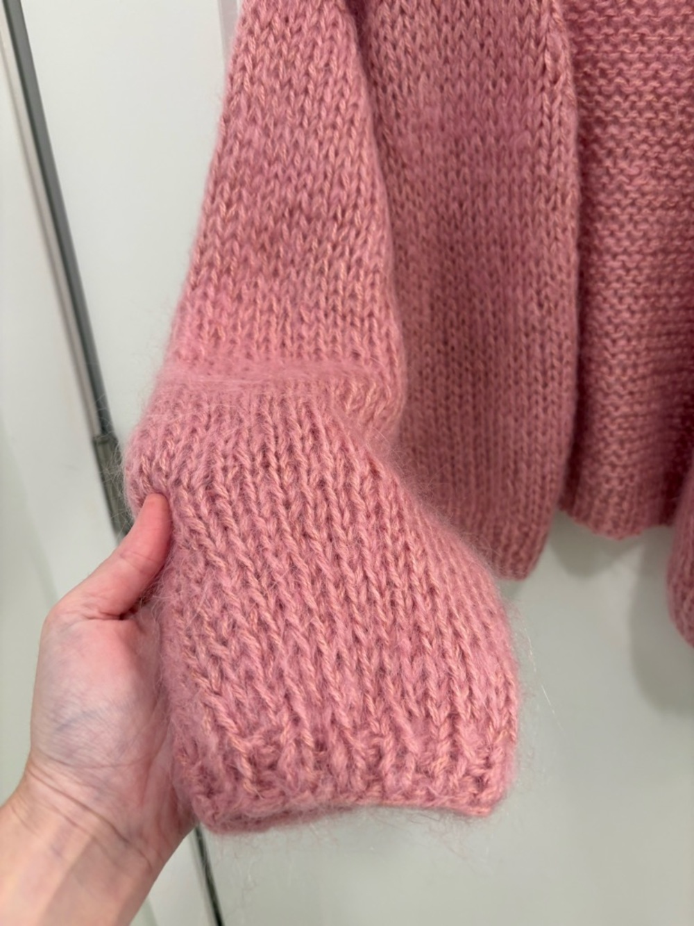 Pink Wool Hand Knit Oversized Balloon Sleeve Cardigan Sweater - Picture 3 of 12